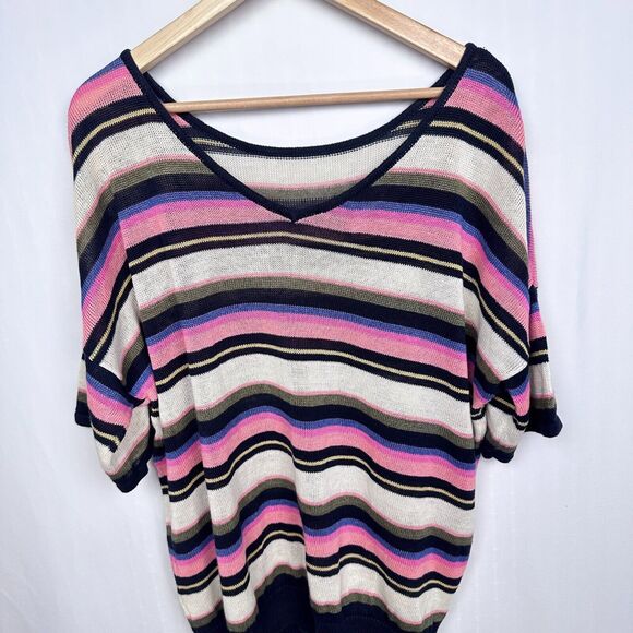 Talbots Striped Linen Dolman Short Sleeve Sweater Size 3X Pink Ivory Multi Knit - Picture 9 of 10
